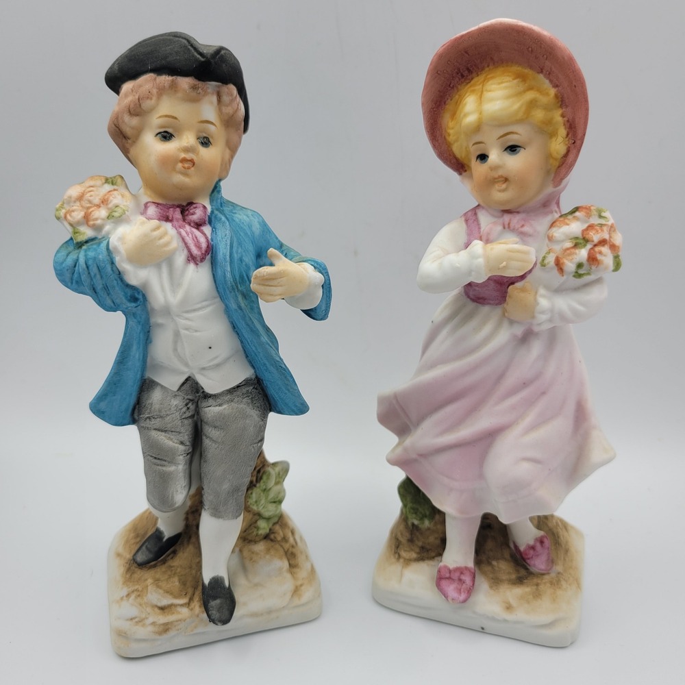 L. Roccato Giuseppe Armani Girl Boy Ceramic Figurine Pair Flowers Italian VTG
